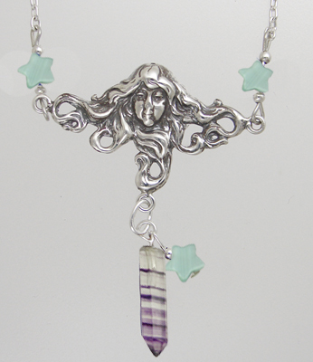 Sterling Silver Woman Maiden of the Morning Star Necklace With Fluorite And Green MOP Stars